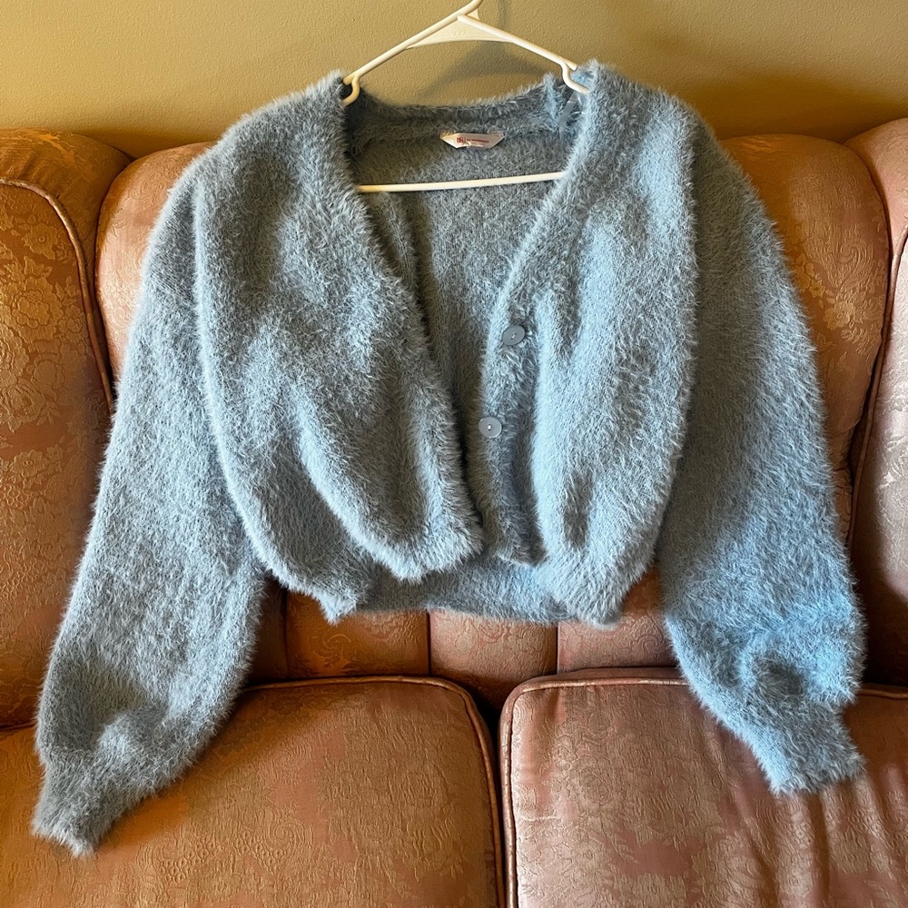 Blue Fuzzy Sweater Cardigan with Buttons